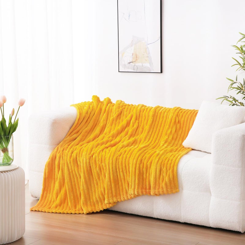 Linecooo Yellow Fleece Throw Blanket 50  60  for Couch Sofa Bed Super Soft Cozy Plush Microfiber Flannel Blanket with 3D Stripes Lightweight for Adults Woman Girls Gold - Image 4